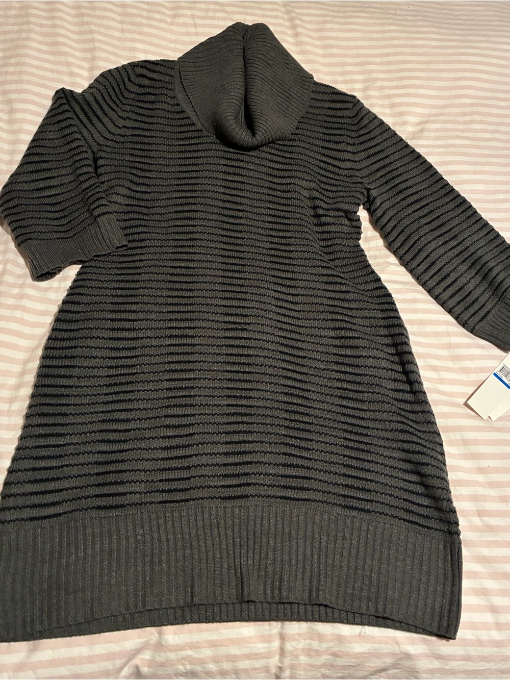 Turtleneck Ribbed Knit Sweater Dress - Gray